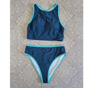 Teal High Neck High Waisted Bikini Set Two Piece Swimsuit Teal Turquoise Size M